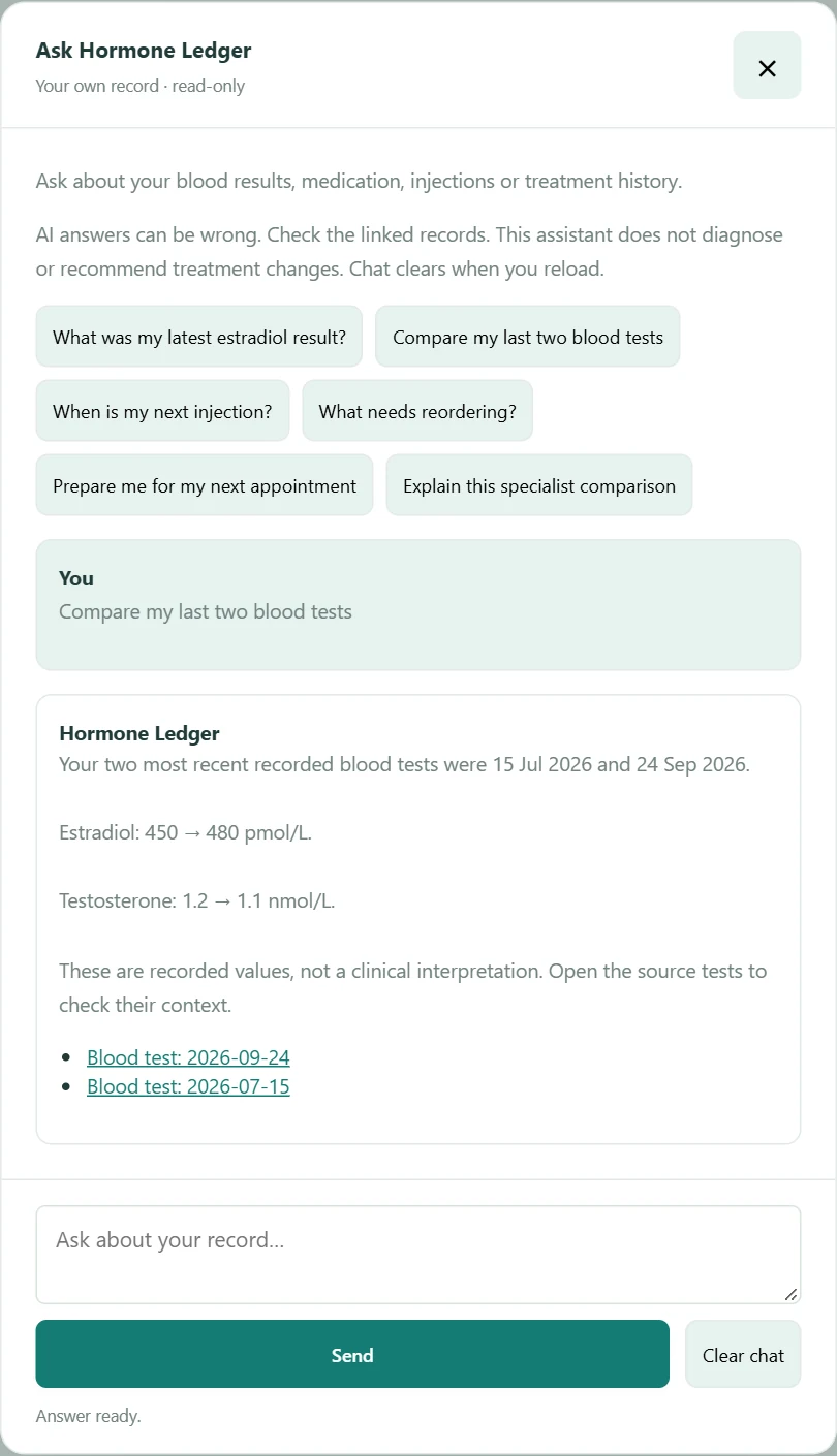 Ask Hormone Ledger comparing two synthetic blood tests with their original units